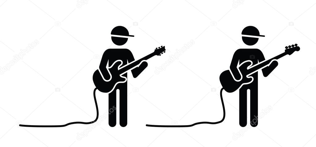 Stickman, stick figure man singer. Musician, guitar player or guitaris Cartoon bass, acoustic, rock electric, guitars headstock. Music silhouette Vector guitars icon or logo. guitar amplifier