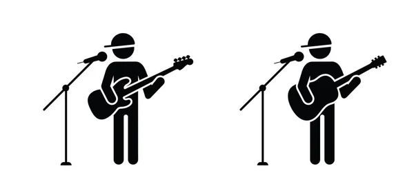 Stickman Cantautore Con Microfono Musicista Chitarrista Chitarrista Cartoon Bass Acustica — Vettoriale Stock