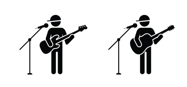 Stickman Stick Figure Man Singer Microphone Musician Guitar Player Guitaris — Stock Vector