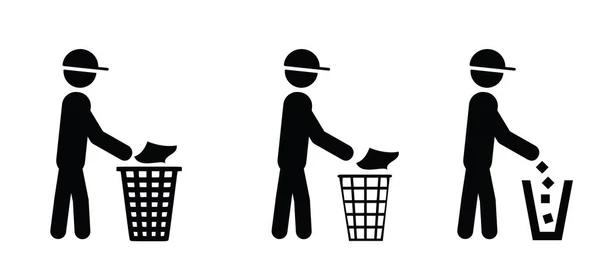 Stop Littering Cartoon Drawing Stickman Stick Figures Man Litter Basket — Stok Vektör