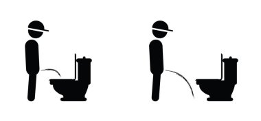 Çizgi film, çizgi film figürleri, stickman ve tuvalet logosu. Kadın ve erkeğin işemesi için tuvalet ya da tuvalet. İnsan tuvaletleri. Vektör WC resim, simge ya da işaret. Acilen işemem lazım. İdrar bozukluğu, prostat. Adam yere işiyor.