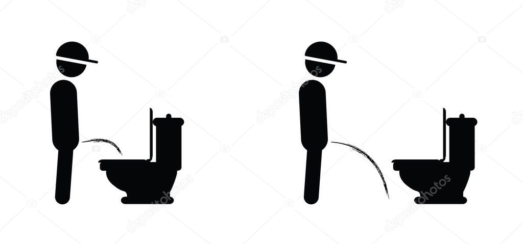 Cartoon, stick figures or stickman and toilet logo. Restroom or bathroom for man and woman to peeing. Human toilets. Vector WC pictogram, icon or sign. Need to pee urgently. urine disorder, prostate. Man peeing on the floor