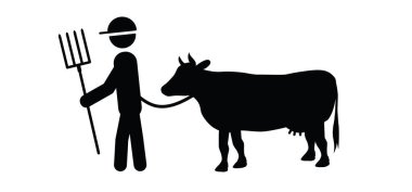 Stick figures or stickman farmer. Cartoon drawing black cow. Vector cow, meadow silhouette. farm animals. Cattle icon or pictogram. livestock