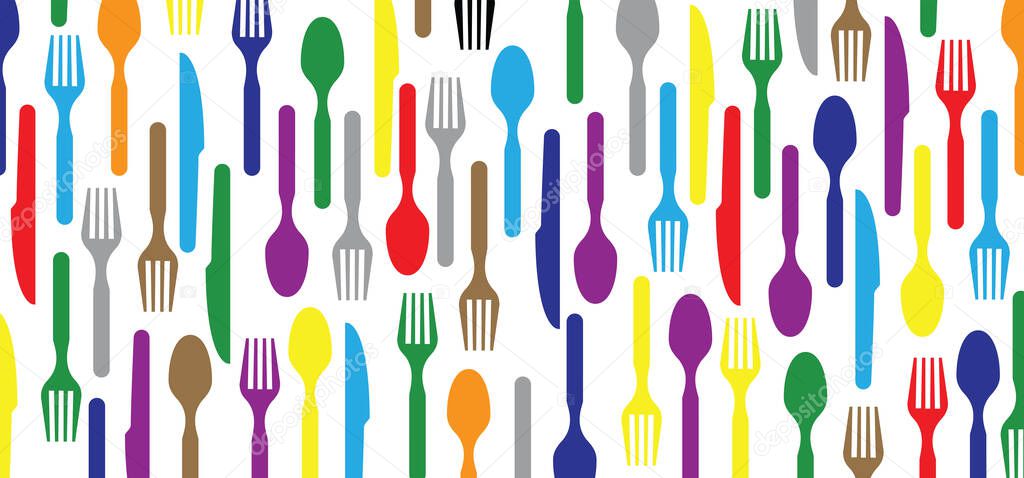 Cartoon cutlery, fork, spoon, knife silhouette pattern. Vector icon or symbol banner. seamless food patterns. Food, restaurant, menu. spoons, knives, forks. Kitchen element or tools. kitchen utensils.