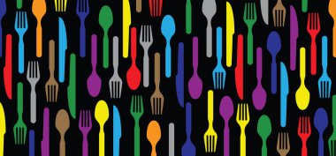 Cartoon cutlery, fork, spoon, knife silhouette pattern. Vector icon or symbol banner. seamless food patterns. Food, restaurant, menu. spoons, knives, forks. Kitchen element or tools. kitchen utensils.
