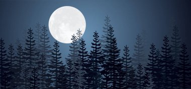 Çizgi film yıldızlı ufuk çizgisi. Dolunayda ve yıldızlarda büyük ay. Ve dolunay. Vektör Ay ışığı akşam simya astroloji sembolü. Ağaçlar ve yıldızlar.