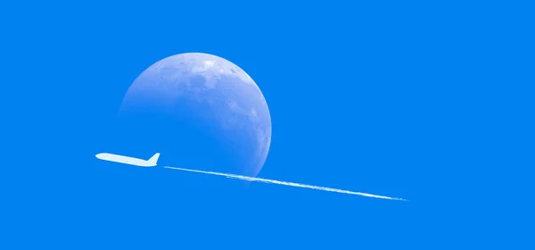 Moon sky and stars. Soaring air plane line path. Take Off airplane, flight route for vacation, holliday. Tourism. Route concept.