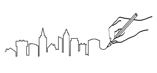 Mano Dibuja Cielo Ciudad Paisaje Urbano Skyline Urbano Dibujos Animados — Vector de stock