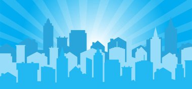 Şehir manzarası. Çizgi film şehir silueti. Şehir panoraması, manzara, sokak, daire ve ofis binaları. Geniş yatay panorama. Siluet kasaba manzaralı gökyüzü çiziliyor. Gökdelenler