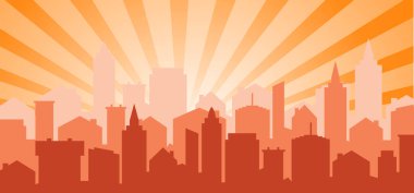 Şehir manzarası. Çizgi film şehir silueti. Şehir panoraması, manzara, sokak, daire ve ofis binaları. Geniş yatay panorama. Siluet kasaba manzaralı gökyüzü çiziliyor. Gökdelenler, gün doğumu