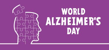 Kafa, yüz ve yapboz parçaları. Dünya Alzheimer Günü. Beyin hastalığından ve hafıza kaybından muzdarip insanlar, nöroloji ve akıl hastalıkları için. Alzheimer hastalığı belirtileri. Haziran ya da Eylül