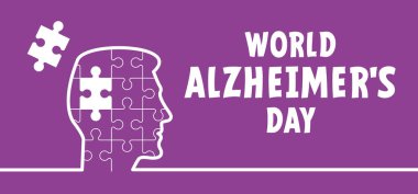 Kafa, yüz ve yapboz parçaları. Dünya Alzheimer Günü. Beyin hastalığından ve hafıza kaybından muzdarip insanlar, nöroloji ve akıl hastalıkları için. Alzheimer hastalığı belirtileri. Haziran ya da Eylül