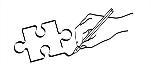 Tekenen Hand Puzzel Stukjes Verbindingslijn Patroon Puzzelstukjes Pictogram Pictogram Cartoon — Stockvector