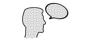 Yapboz parçaları, kafa ya da insan profili kavramı. Hat düzeni. Bulmaca parçaları simgesi ya da piktogram. Çizgi film vektör çizgisi. Dubbele platte bulmacaları. Bir bulmaca oyununun parçalarını kapat