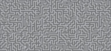 Eğitim mantığı, labirent çizgisi. Siyah, gri kare labirent. Vektör. Yolu bul, labirent bilmecesi. Siyah, beyaz geometrik desen. Labirent tasarım ikonu. Karışık ipler. Düşünme oyunu afişi