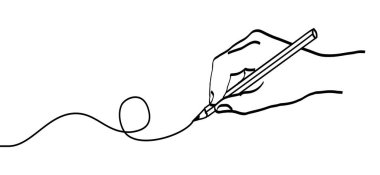 Kalem yazan bir el. El ele tutuşan kalem. Çizgi çekme fırça deseni. Düz vektör