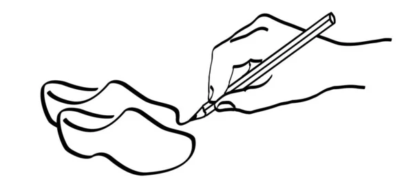 漫画の手を描画するウォーキングクロッグ ファームクロッグ アムステルダム ヴォレンダム マルケンから伝統的なオランダの木の塊 観光客向けのお土産 オランダの靴 鉛筆で線の模様を描く — ストックベクタ
