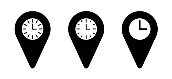 位置指针 卡通日期 时钟时间图标 地址或地点符号 矢量位置 地图销标识或标志 时钟回家或Werk会议象形文字 — 图库矢量图片