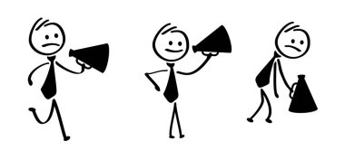 Çizgi film stickman, çubuk adam megafona konuş. Hoparlör sembolü. Yürüyüş ya da yürüyüş protesto ya da sosyal medya fikri