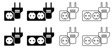 Karikatür elektrik prizi. Soket, elektrik, güç logosu ya da sembol. Elektrik prizleri ve kablo. Soket prizi adaptörü. Kablo, enerji ikonu kablosu