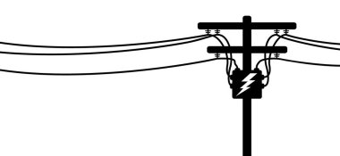 Tanjant kuleleri. Yüksek voltaj direği, elektrik kabloları ve telefon kablosu, kablo hattı pilonu, kutuplar ağı. Kırık elektrik direkleri, güç iletim hattı. Soket için çizgi film, elektrik kablosu devresi. 