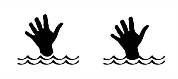 卡通人物要沉入水中 邮递员和两只手溺水的男子在海上寻求帮助 伸出手来的标志或图标 求救信号 不要拍了 — 图库矢量图片