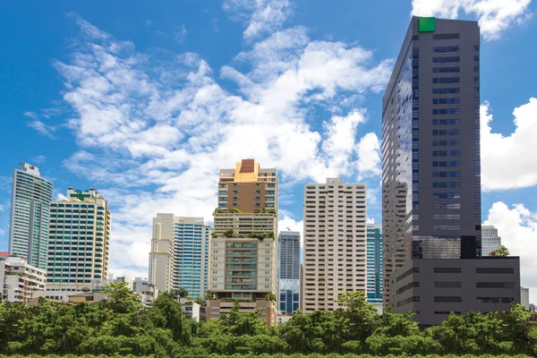 Cityscape mavi gökyüzü arka plan ile ortak bir parkın arkasında.