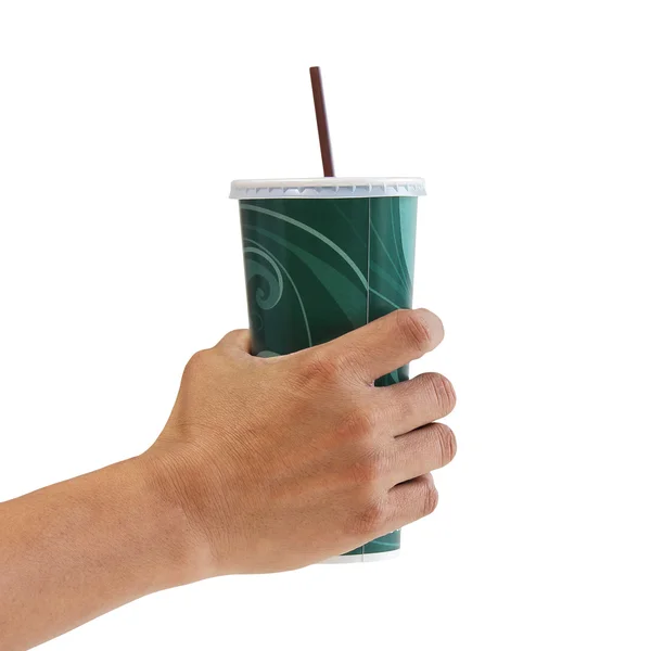 Man holding a paper cup with tube isolated over white background — Stock Photo, Image