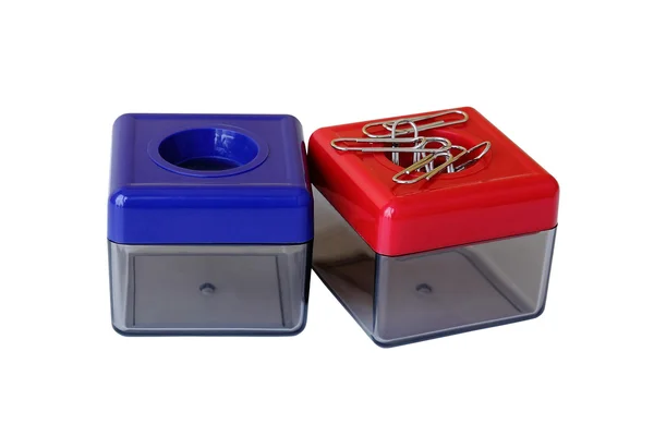 Colorful magnetic plastic boxes, a container of paperclips isola — Stock Photo, Image