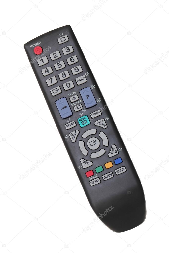 Black TV remote control isolated over white