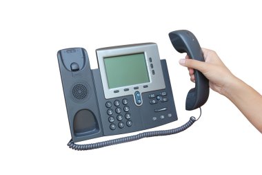 beyaz kağıt izole IP telefon tutarak