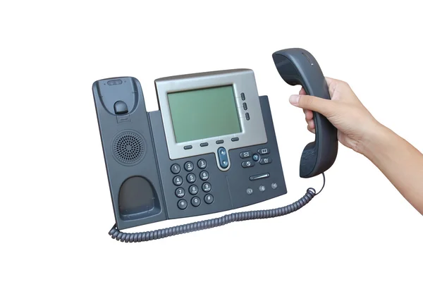 beyaz kağıt izole IP telefon tutarak