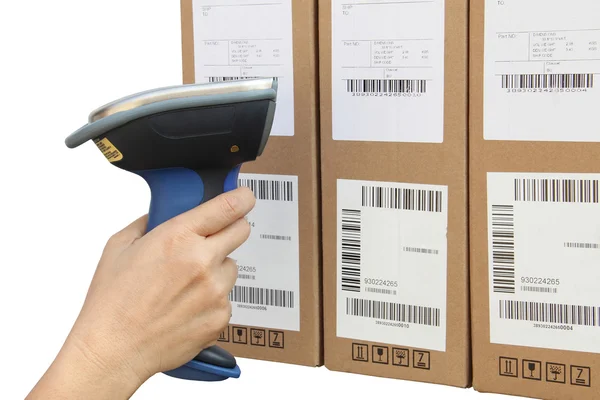 Kutuları ile buletooth barcode scanner tarama — Stok fotoğraf