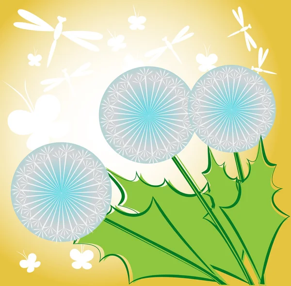 Butterflies in dandelion flowers — Stock Vector