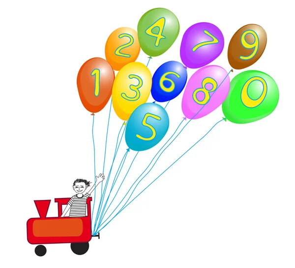 Pociąg z numerami i kolorowe balony — Wektor stockowy