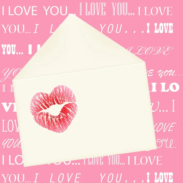 Lips imprint on the envelope on pink background with I love you — Stock Vector
