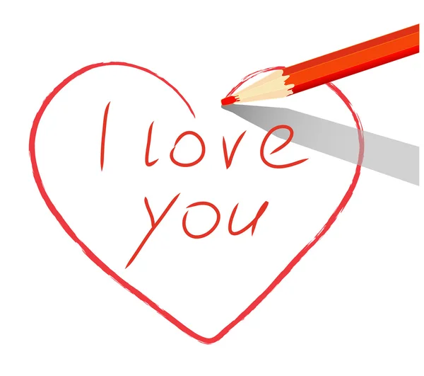 Rotes Herz mit Bleistift gezeichnet ich liebe dich — Stockvektor