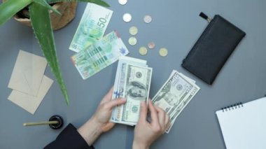 İş kadını çevrimiçi mali rapor için hesaplama yapıyor, nakit para sayıyor