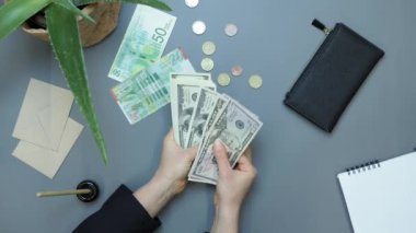Para sayıyorum. El sayımı yığınla Amerikan doları banknotları. Başarı, yatırımlar