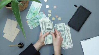 Kadın muhasebeci iş yerinde dolar sayıyor. Yüz dolarlık banknotlar.