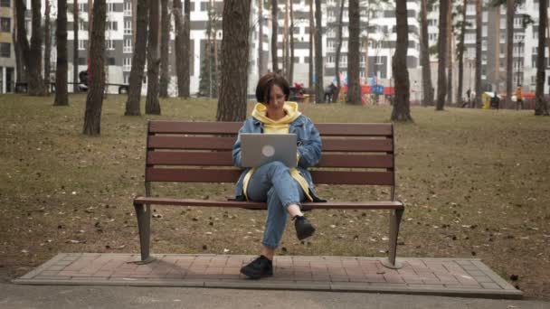 Joven charmy mujer freelancer sentado en el parque en el banco, utilizando el ordenador portátil — Vídeo de stock