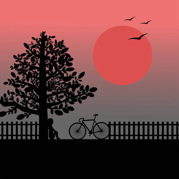 Bisikletli bir kız gün batımına bakıyor. Dişi bisikletçi. Düz çizgi film renkli vektör çizimi. Siluet görüntüsü. Tasarım vektörü illüstrasyonu