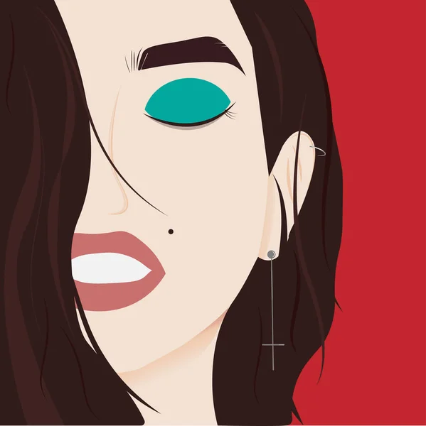 Güzel, şık, gözleri kapalı bir kadın. Pop sanat vektör illüstrasyonu. Kahverengi saçlı reklamcılık için seksi bir kız. Vektör çizimi. Havalı hippi kız