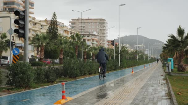 Cykelbana på kaj vid regnig blåsig dag. Cyklist rider på cykelbana. Begreppet livsstil — Stockvideo