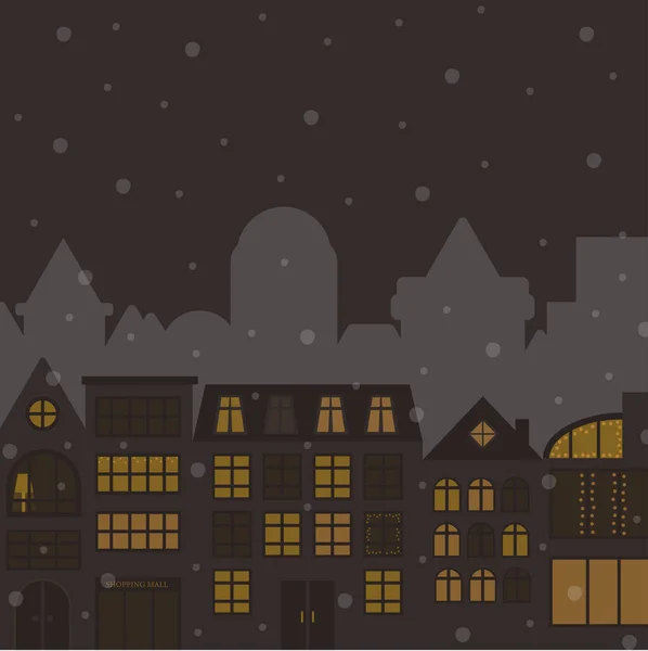 Noel gecesi evleri olan bir gece şehri, camları yanan ışıklar, yağan kar. Vektör İllüstrasyon çizimi. Geceleri Noel süsleri ve sardalyaları olan konutlar.