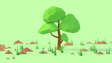 Minimalist çizgi film yeşil ağaç hareketli animasyon döngüsü. Ağaçların hareketli animasyonları olan düşük poligonlu karikatür. 3d render 4k