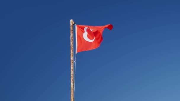 Turkiets nationella flagga. Tecken på Turkiet. Turkiska flaggan vinkar i vinden mot klarblå himmel — Stockvideo