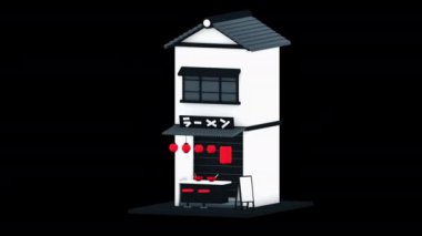 Street japanese cafe interior moving animation loop alpha channel. Low poly cartoon ramen restaurant design moving animation. Chairs, cups and  menu board at japanese cuisine cafe. 3d render 4k