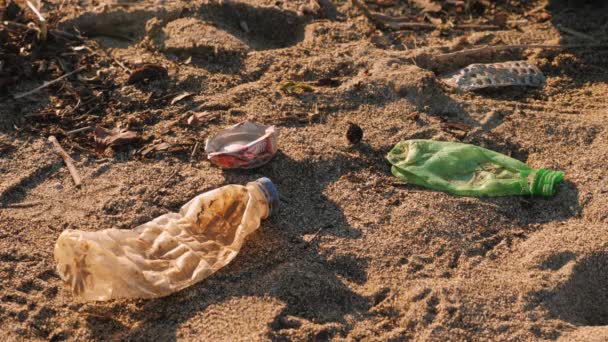 Volontär plockar upp skräp på stranden. Kvinna samla plast skräp på stranden i plastpåse — Stockvideo