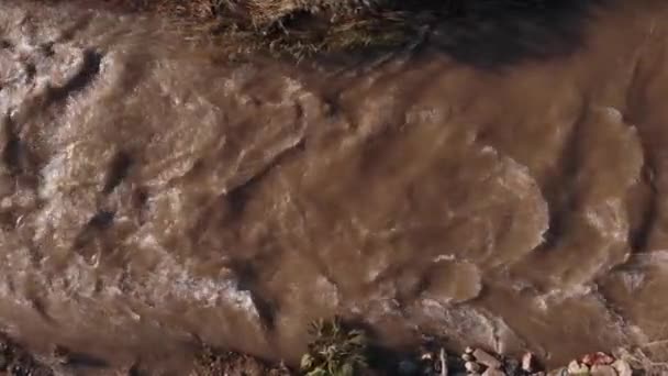 Inondazioni e frane. L'acqua del fiume fangosa scorre durante le forti piogge. Acqua del fiume a cascata — Video Stock